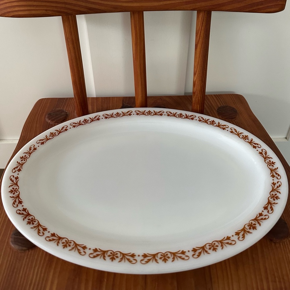 Vintage Pyrex Tableware by Corning Oval Platter Copper Filigree Milk Glass Retro